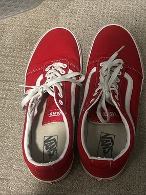 Vans Men’s Red Canvas Old Skool Sneakers with White Stripe 12